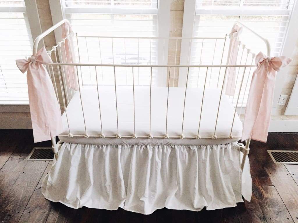 White and Baby Pink Farmhouse Crib Skirt with Bows handmade heirloom nursery - High Cotton Textile