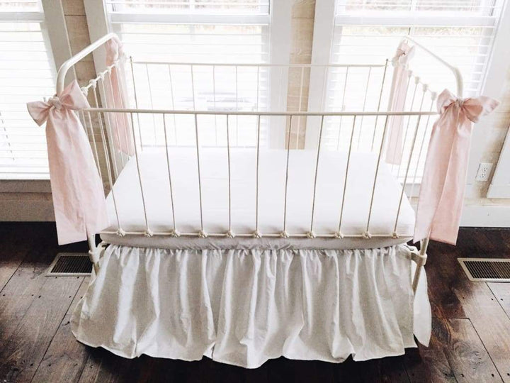 White and Baby Pink Farmhouse Crib Skirt with Bows handmade heirloom nursery - High Cotton Textile