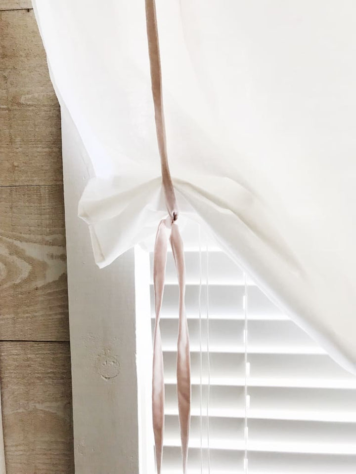 White and Baby Pink Farmhouse Tie - Up Shades handmade heirloom nursery - High Cotton Textile