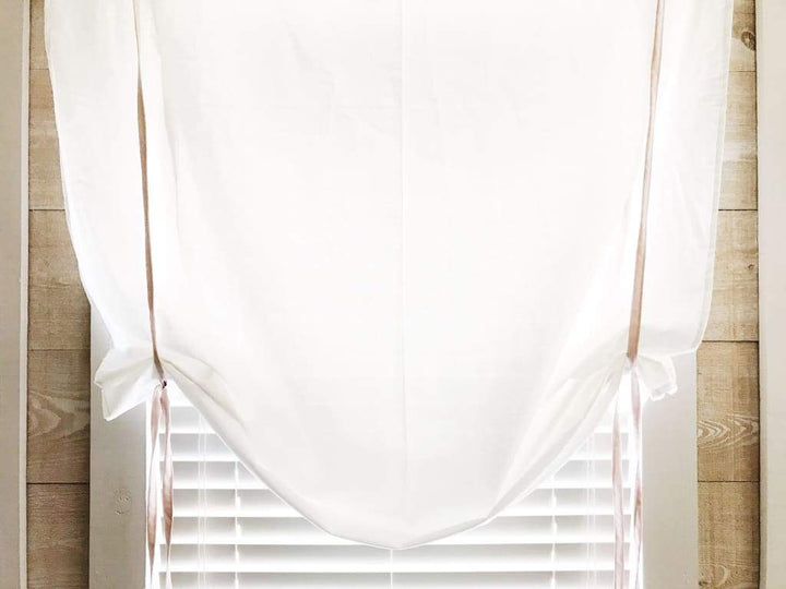 White and Baby Pink Farmhouse Tie - Up Shades handmade heirloom nursery - High Cotton Textile