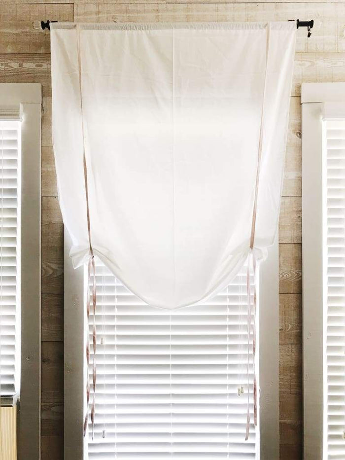 White and baby pink farmhouse tie-up shade in washed cotton