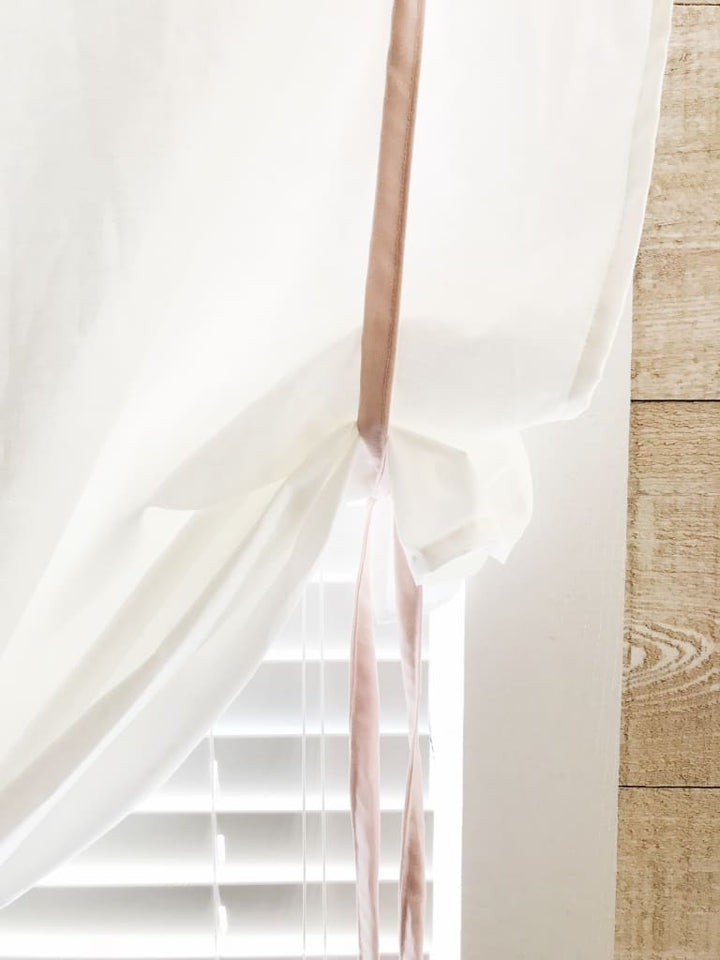 White and Baby Pink Farmhouse Tie - Up Shades handmade heirloom nursery - High Cotton Textile