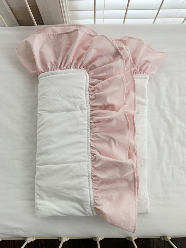 White and Baby Pink Ruffled Baby Crib Quilt handmade heirloom nursery - High Cotton Textile