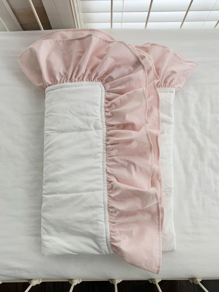 White and Baby Pink Ruffled Baby Crib Quilt handmade heirloom nursery - High Cotton Textile