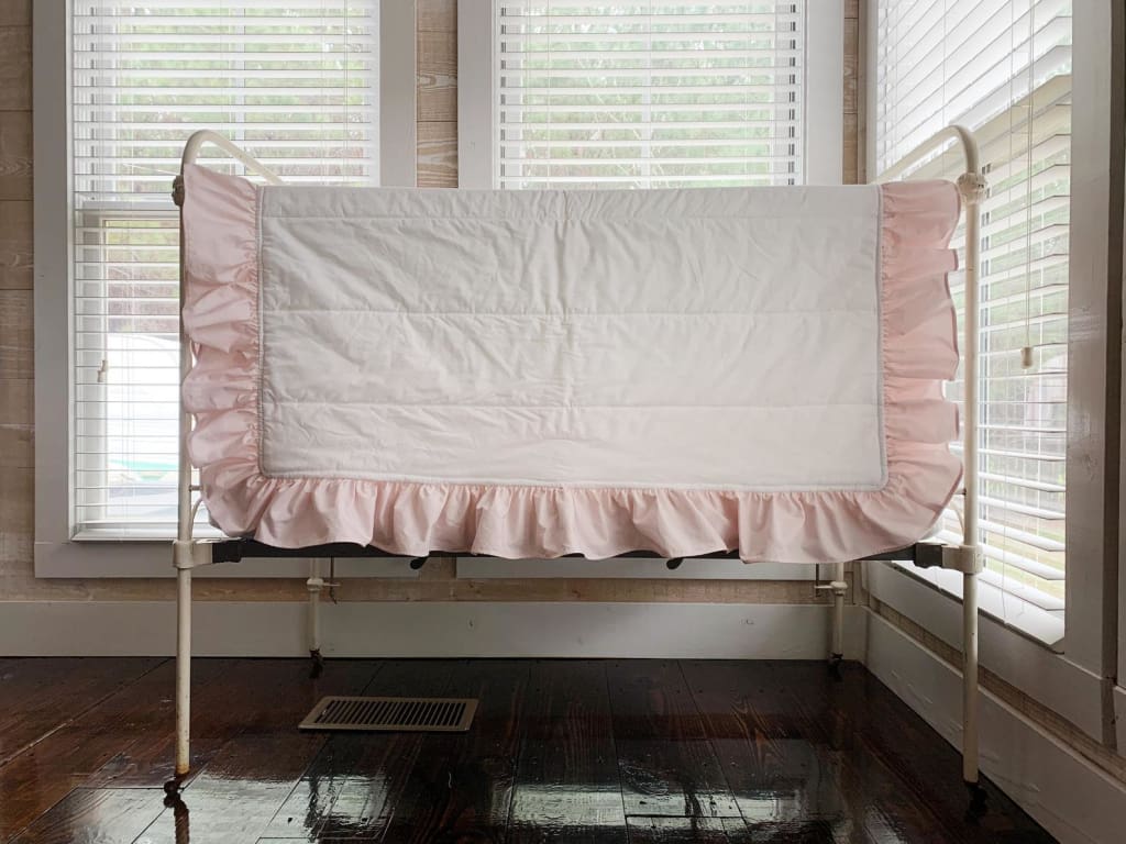 White and Baby Pink Ruffled Baby Crib Quilt handmade heirloom nursery - High Cotton Textile