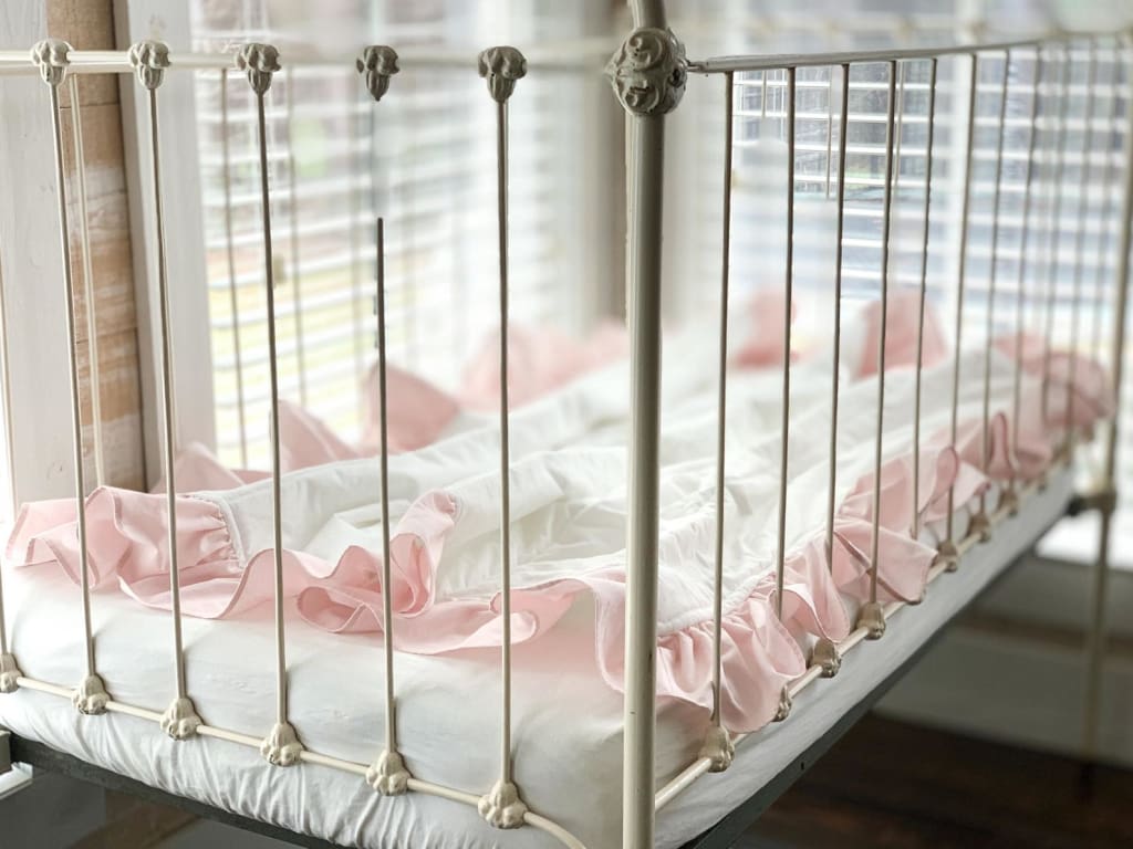 White and Baby Pink Ruffled Baby Crib Quilt handmade heirloom nursery - High Cotton Textile