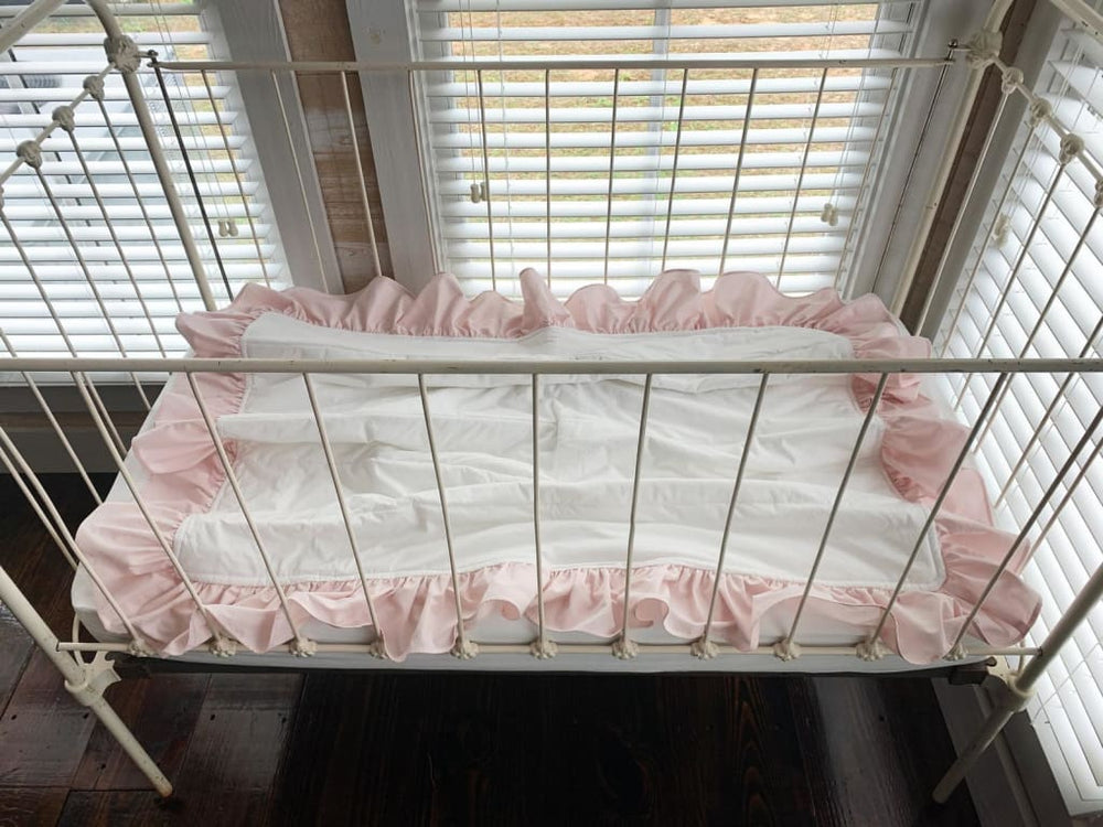 White and Baby Pink Ruffled Baby Crib Quilt handmade heirloom nursery - High Cotton Textile