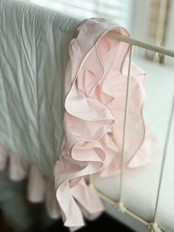White and Baby Pink Ruffled Baby Crib Quilt handmade heirloom nursery - High Cotton Textile
