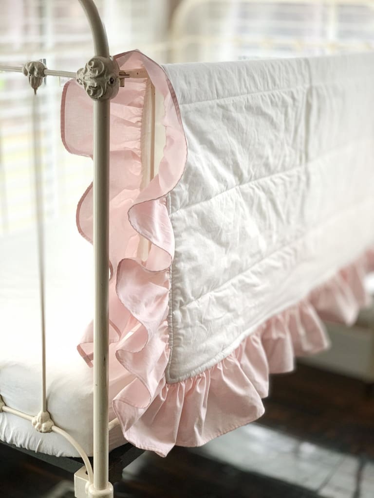 White and Baby Pink Ruffled Baby Crib Quilt handmade heirloom nursery - High Cotton Textile