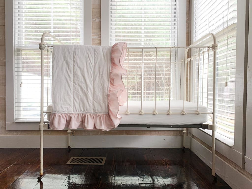 White and Baby Pink Ruffled Baby Crib Quilt handmade heirloom nursery - High Cotton Textile