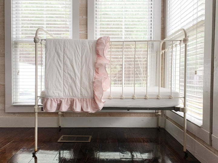 White and Baby Pink Ruffled Baby Crib Quilt handmade heirloom nursery - High Cotton Textile