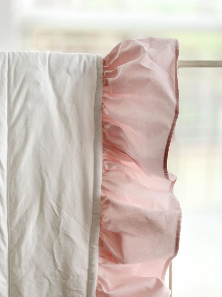 White and Baby Pink Ruffled Baby Crib Quilt handmade heirloom nursery - High Cotton Textile