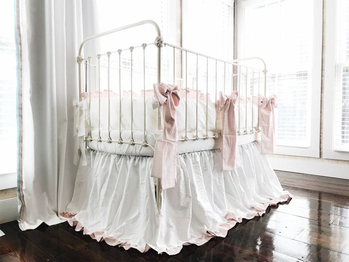 White and Baby Pink Ruffled Crib Bedding Set - High Cotton Textile 