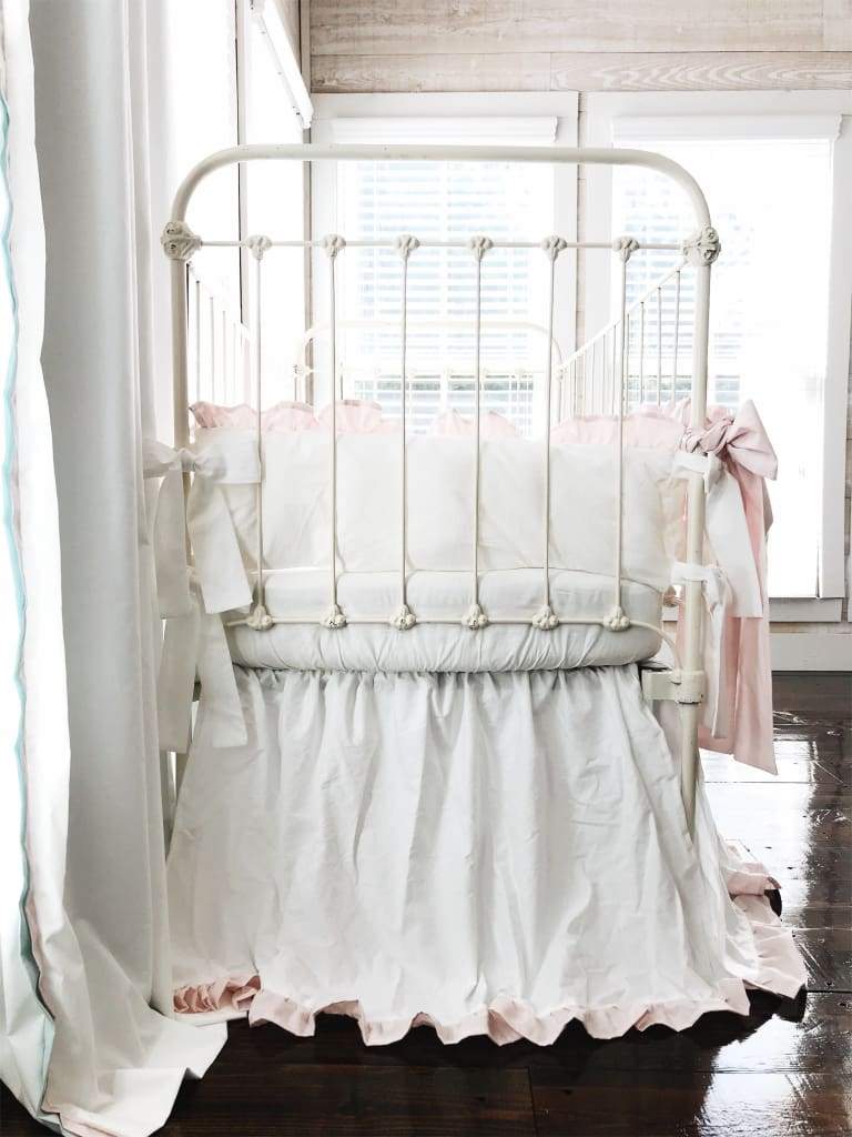 White and Baby Pink Ruffled Crib Bedding Set - High Cotton Textile 