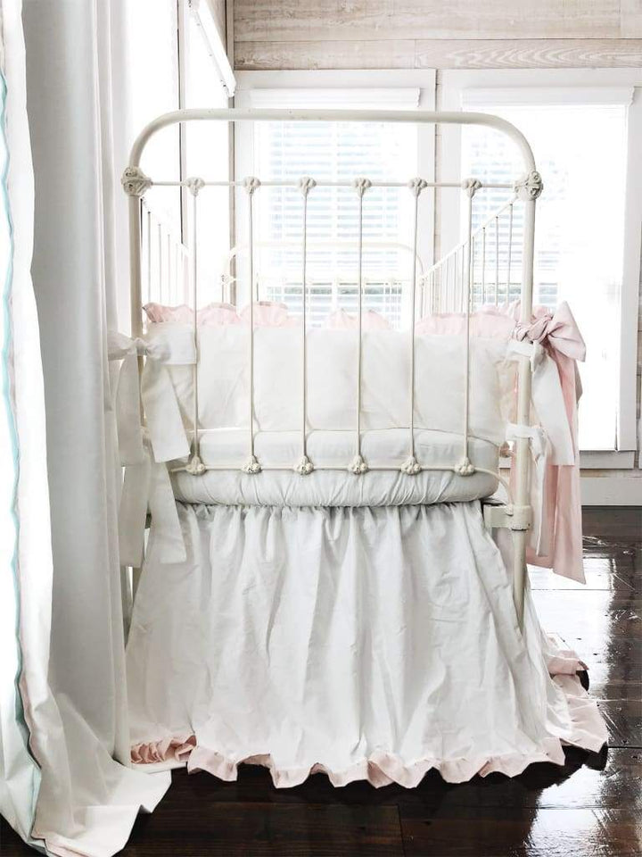 White and Baby Pink Ruffled Crib Bedding Set - High Cotton Textile 