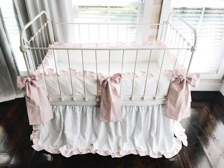 White and Baby Pink Ruffled Crib Bedding Set - High Cotton Textile 