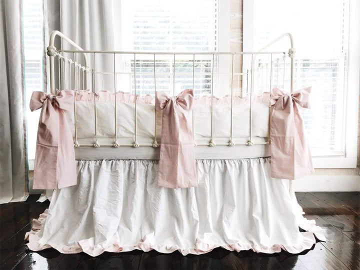 White and Baby Pink Ruffled Crib Bedding Set - High Cotton Textile 