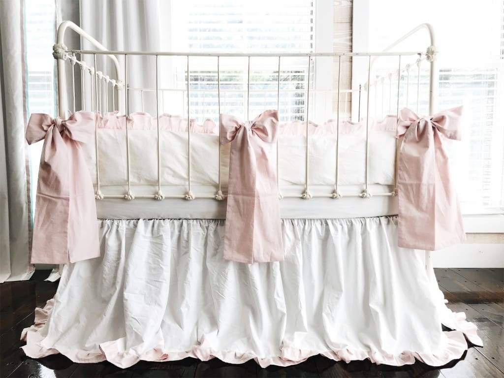 White and Baby Pink Ruffled Crib Bedding Set - High Cotton Textile 