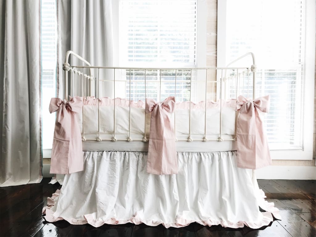 White and Baby Pink Ruffled Crib Bedding Set - High Cotton Textile 