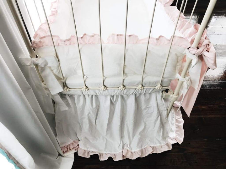 White and Baby Pink Ruffled Crib Bedding Set - High Cotton Textile 