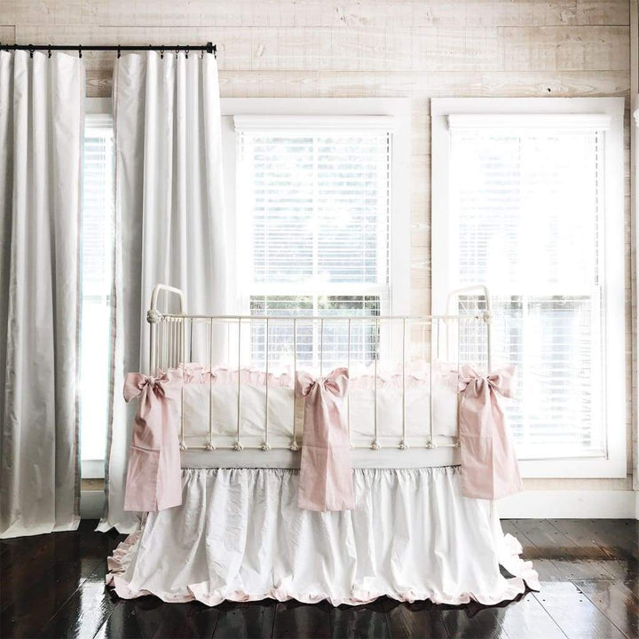 White and Baby Pink Ruffled Crib Bedding Set - High Cotton Textile 