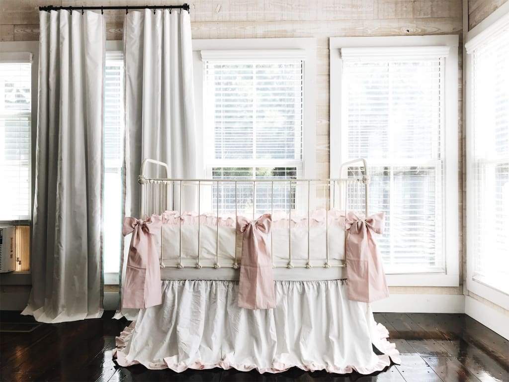 White and Baby Pink Ruffled Crib Bedding Set - High Cotton Textile 