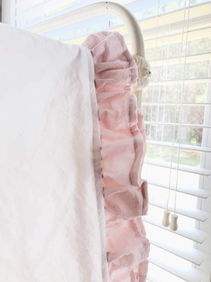 White and Baby Pink Ruffled Crib Blanket handmade heirloom nursery - High Cotton Textile