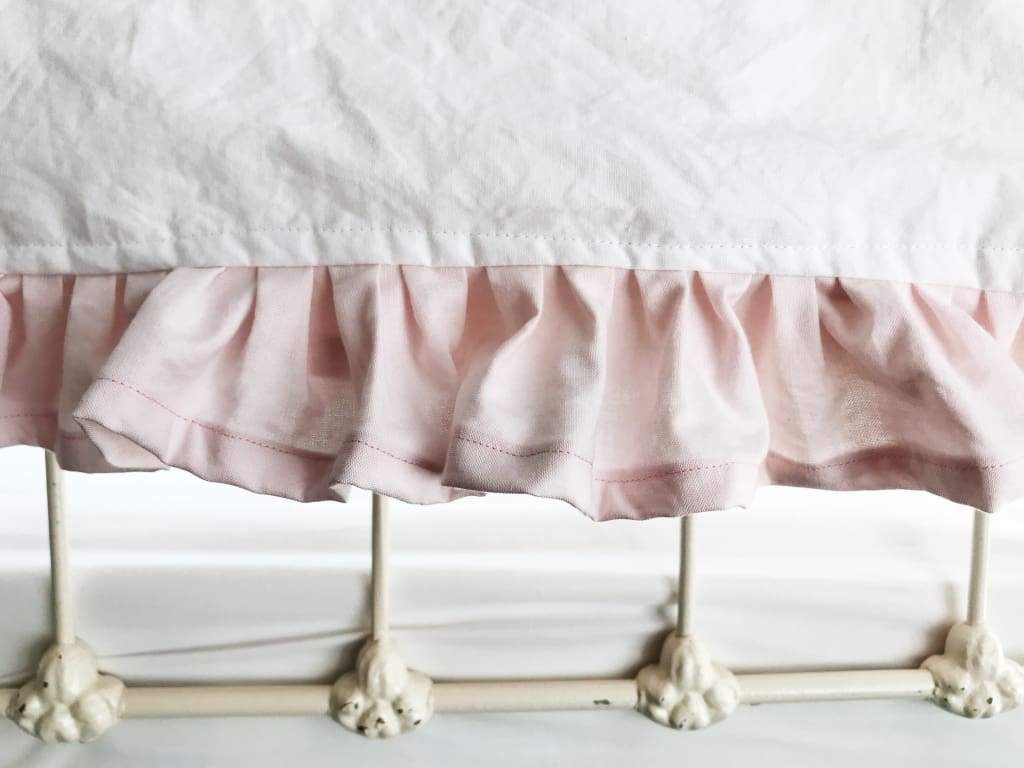 White and Baby Pink Ruffled Crib Blanket handmade heirloom nursery - High Cotton Textile