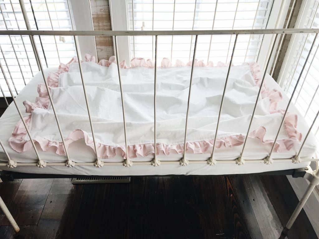 White and Baby Pink Ruffled Crib Blanket handmade heirloom nursery - High Cotton Textile