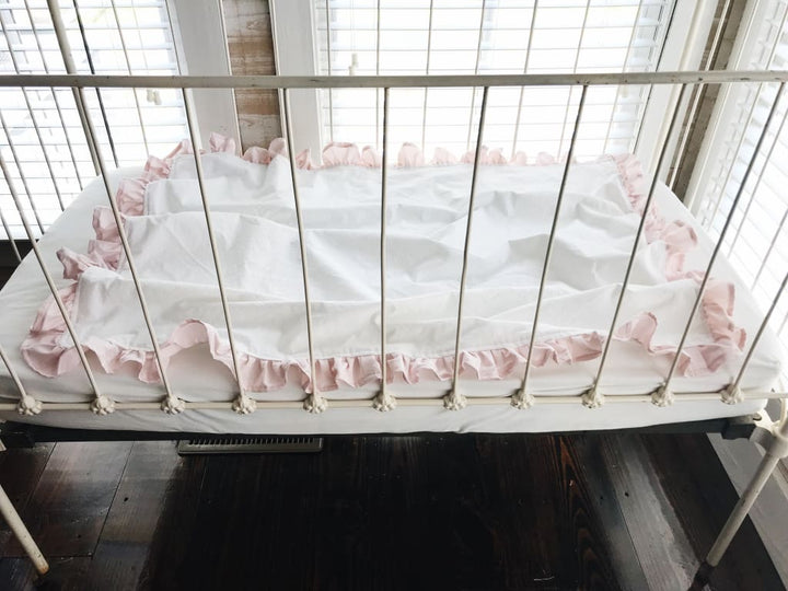 White and Baby Pink Ruffled Crib Blanket handmade heirloom nursery - High Cotton Textile