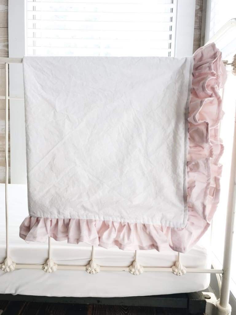 White and Baby Pink Ruffled Crib Blanket handmade heirloom nursery - High Cotton Textile
