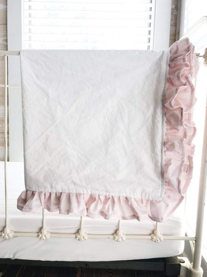 White and Baby Pink Ruffled Crib Blanket handmade heirloom nursery - High Cotton Textile