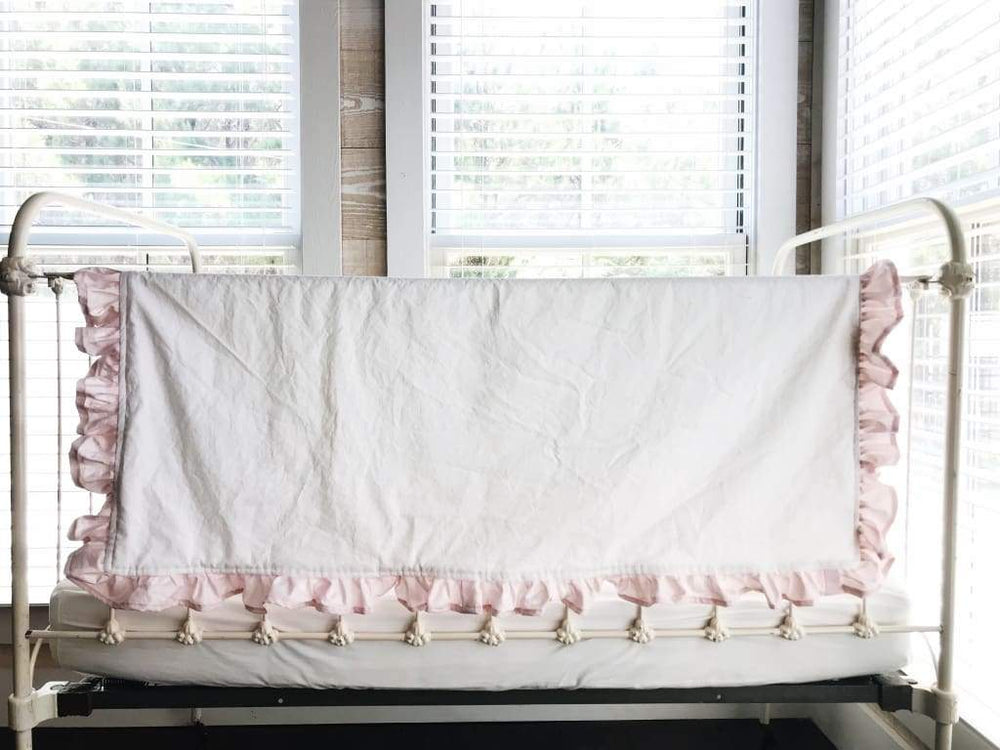 White and Baby Pink Ruffled Crib Blanket handmade heirloom nursery - High Cotton Textile