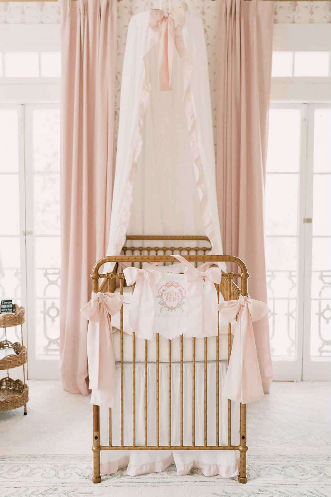 White and Baby Pink Ruffled Crib Canopy handmade heirloom nursery - High Cotton Textile