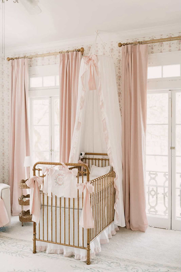 White and Baby Pink Ruffled Crib Canopy Set handmade heirloom nursery - High Cotton Textile