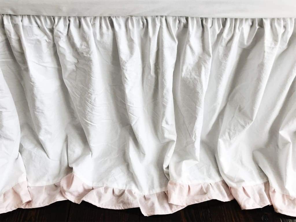 White and Baby Pink Ruffled Crib Skirt handmade heirloom nursery - High Cotton Textile