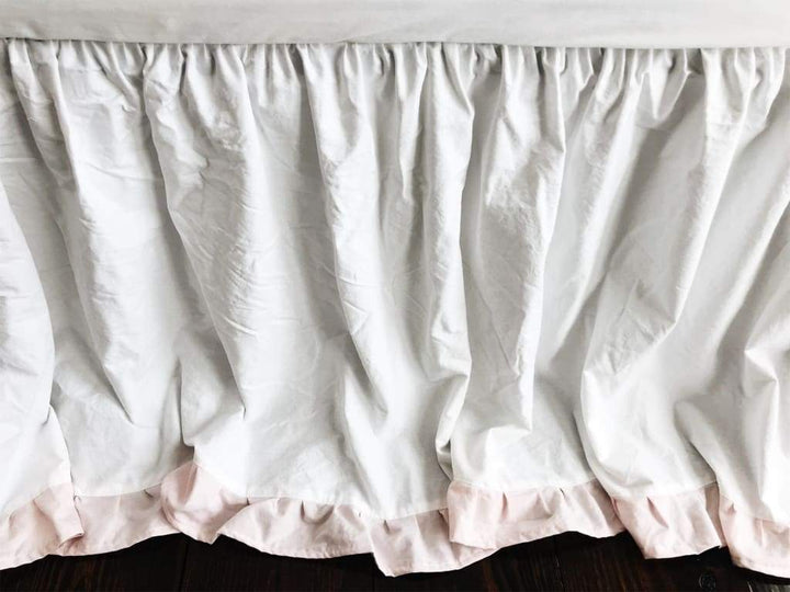 White and Baby Pink Ruffled Crib Skirt handmade heirloom nursery - High Cotton Textile
