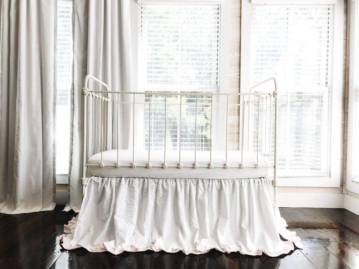 White and Baby Pink Ruffled Crib Skirt handmade heirloom nursery - High Cotton Textile