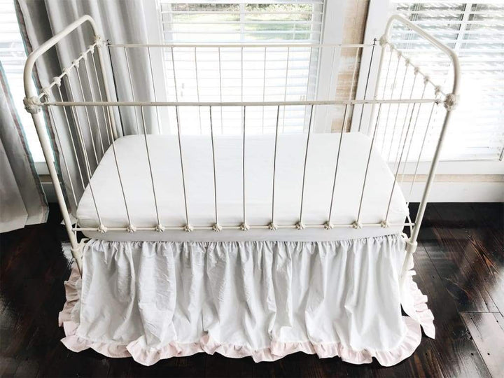 White and Baby Pink Ruffled Crib Skirt handmade heirloom nursery - High Cotton Textile
