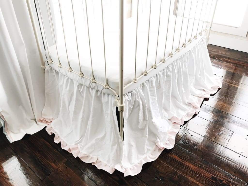 White and Baby Pink Ruffled Crib Skirt handmade heirloom nursery - High Cotton Textile