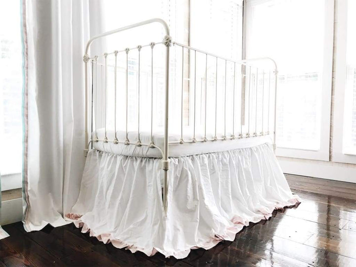 White and Baby Pink Ruffled Crib Skirt handmade heirloom nursery - High Cotton Textile