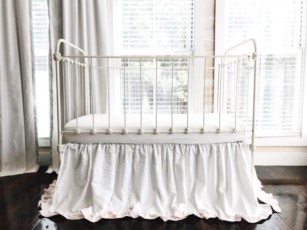 White and Baby Pink Ruffled Crib Skirt handmade heirloom nursery - High Cotton Textile