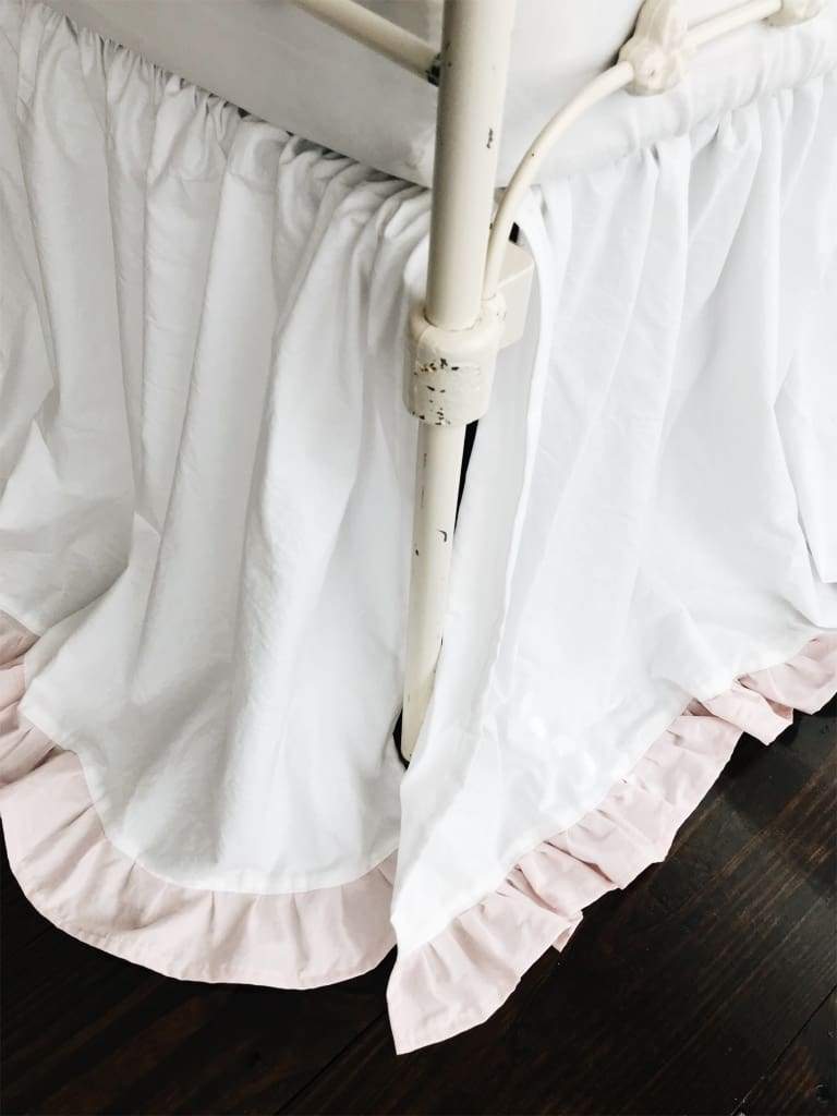 White and Baby Pink Ruffled Crib Skirt handmade heirloom nursery - High Cotton Textile