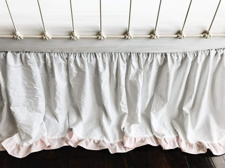 White and Baby Pink Ruffled Crib Skirt handmade heirloom nursery - High Cotton Textile