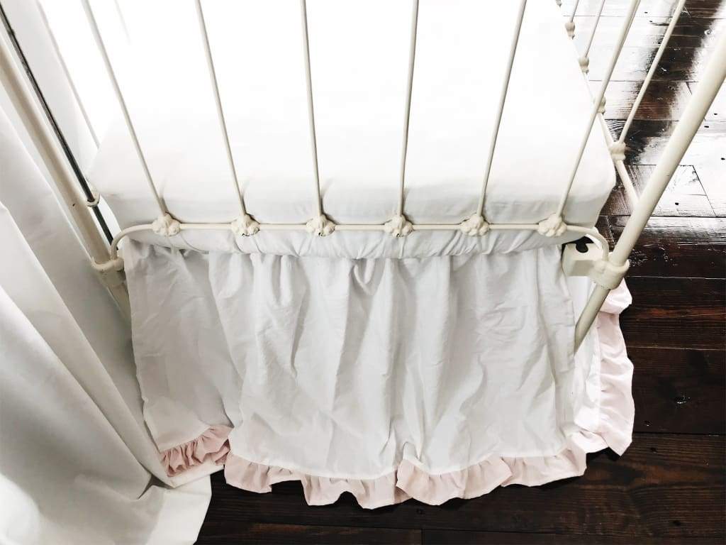 White and Baby Pink Ruffled Crib Skirt handmade heirloom nursery - High Cotton Textile