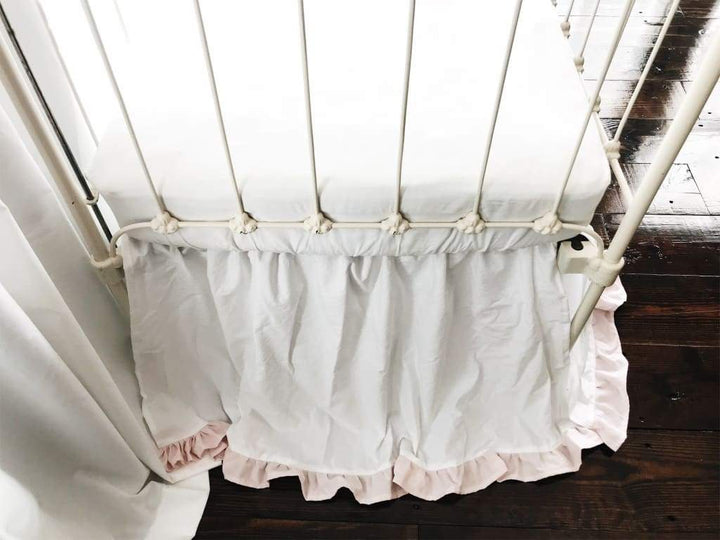 White and Baby Pink Ruffled Crib Skirt handmade heirloom nursery - High Cotton Textile