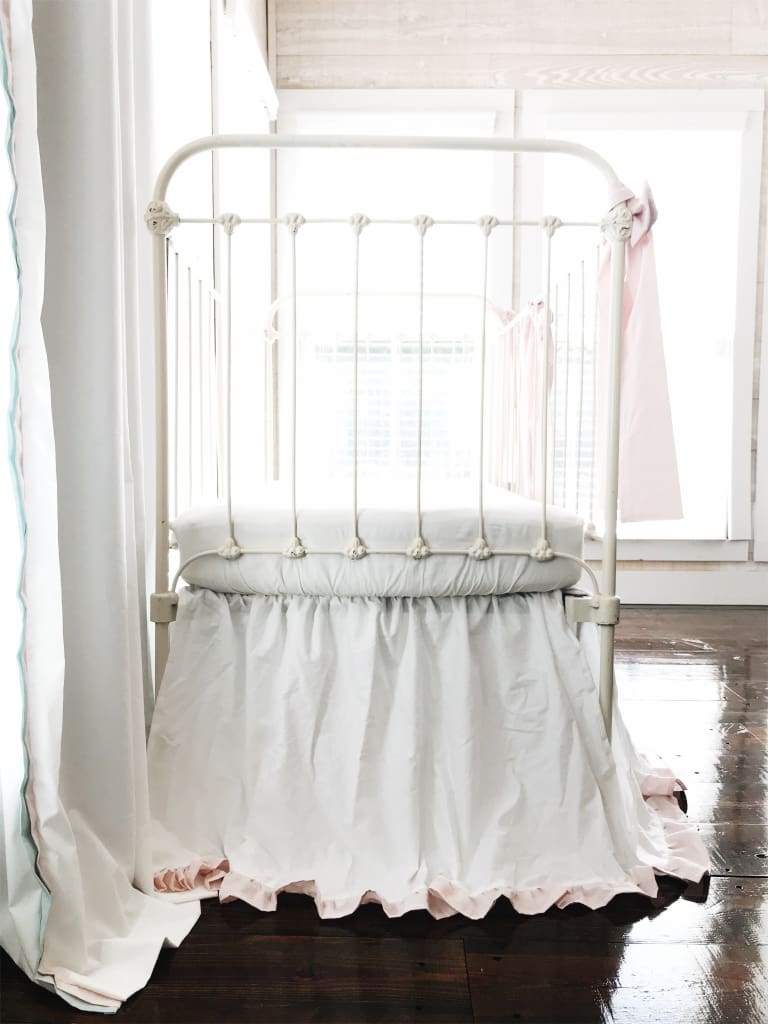 White and Baby Pink Ruffled Crib Skirt and Large Crib Bows handmade heirloom nursery - High Cotton Textile