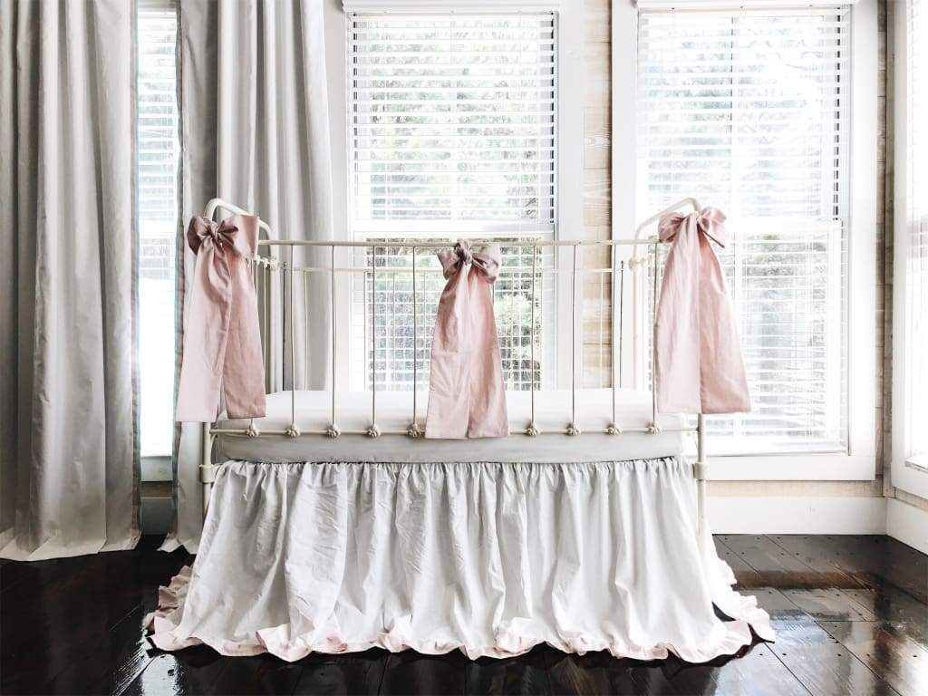 White and Baby Pink Ruffled Crib Skirt and Bows | High Cotton Textile