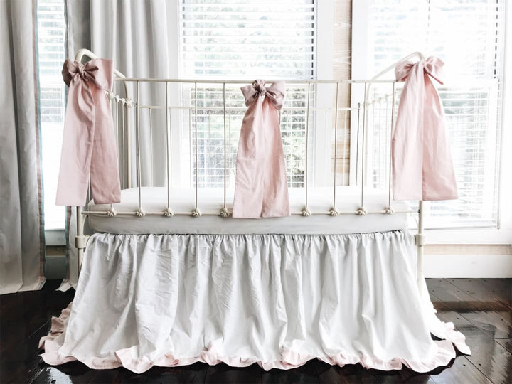 White and Baby Pink Ruffled Crib Skirt and Large Crib Bows handmade heirloom nursery - High Cotton Textile