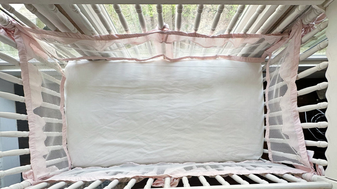 White and Baby Pink Ruffled Mesh Crib Liners handmade heirloom nursery - High Cotton Textile
